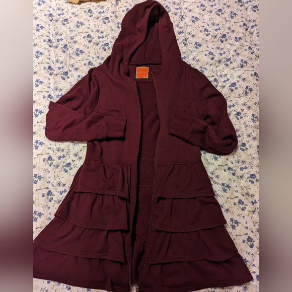 Modcloth Sweaters - Burgundy long Modcloth ruffled cardigan